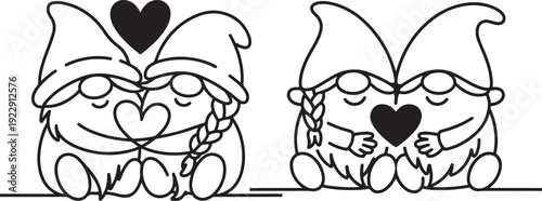 Cute gnome couple vector illustration set in black and white outline style. Includes two pairs of gnomes with hearts, one with a heart above their heads and one holding a heart.