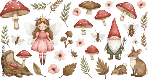 Whimsical illustration of a girl and forest creatures with mushrooms and plants