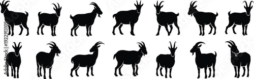 Collection of Diverse Goat Silhouettes: Farm Animal, Livestock, Mammal