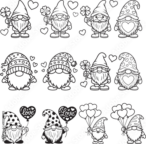 Valentine's Day Gnomes black and white outline icon collection. Includes gnomes holding shamrocks, hearts, and balloons. Created in a line art style with a monochrome palette.