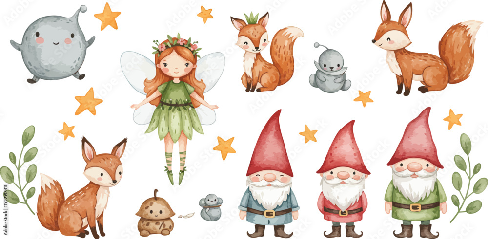 Naklejka premium Whimsical forest creatures and gnomes with fairy and animals in a magical setting