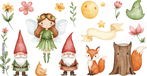 Whimsical illustration of fairy garden creatures and flowers in a fantasy setting with magic elements