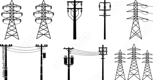 Power line towers and utility poles silhouette, electricity transmission infrastructure, high voltage electric grid system, energy distribution vector illustration.