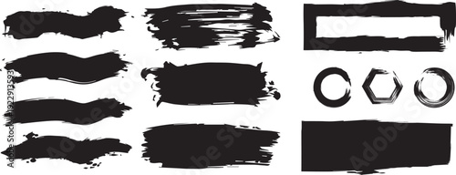 Grungy vector set of black ink splashes, white labels, and frames featuring dirty paintbrush strokes, splatter textures, and artistic border elements for a distressed pattern design
