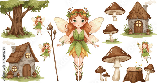 Fairy surrounded by mushrooms and houses in a whimsical forest setting with trees and greenery