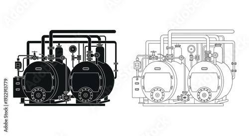 Industrial boilers depicted in black and white line art side by side