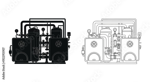Industrial machinery diagrams a black and white comparison of complex systems