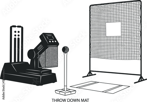 An automated pitching machine setup with a target screen and throw down mat represents specialized sports training technology for practice.