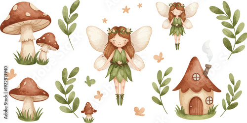 Whimsical illustration of fairies and mushrooms in a magical forest setting with house and foliage