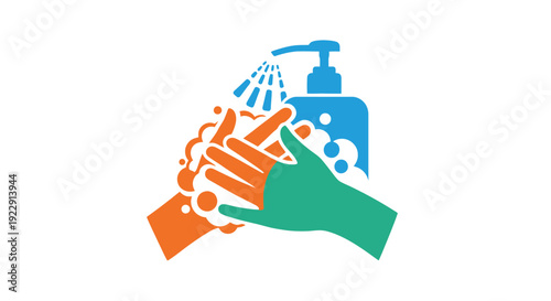 Illustration of hands washing with soap under a dispenser