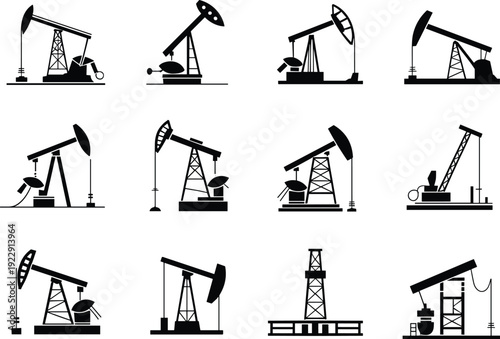 Oil pump jack vector set, petroleum extraction icons, industrial oilfield silhouettes, crude oil drilling rigs, fossil fuel energy equipment