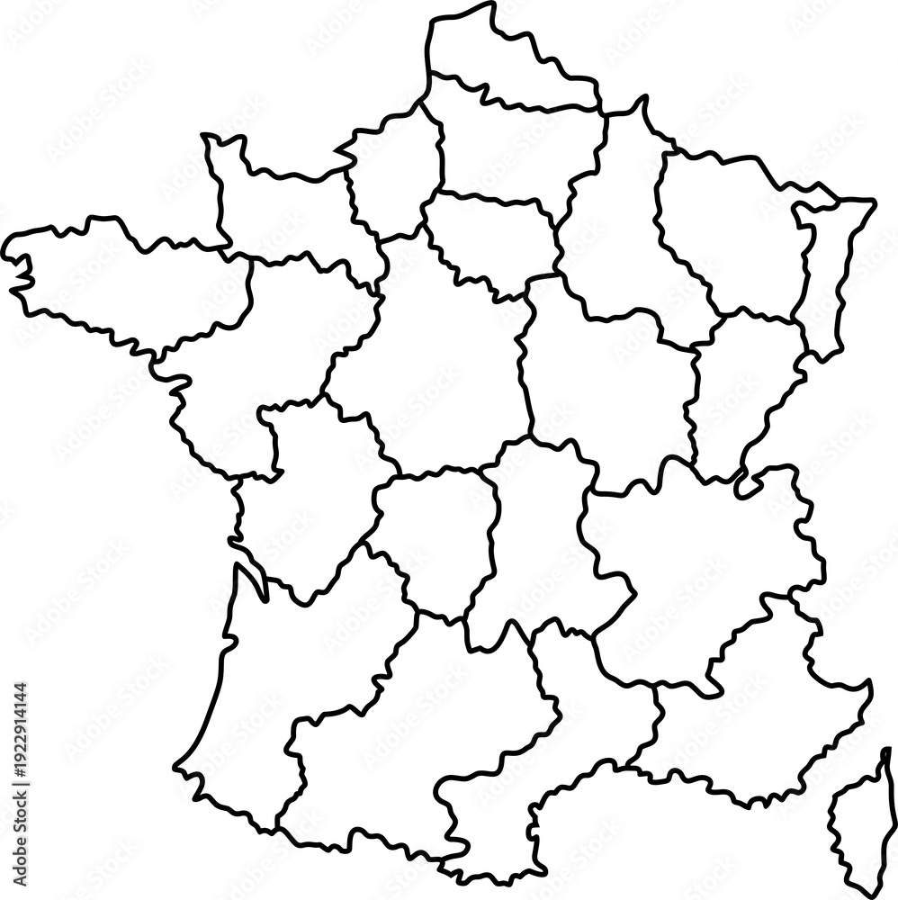Obraz premium Outline map of France showing administrative divisions and regions for travel and geographic information