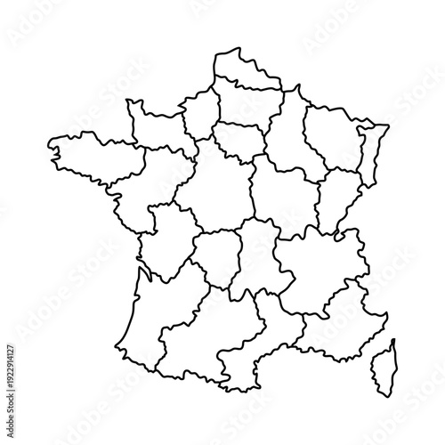 Clean vector outline map of France, showing its administrative regions. Perfect for geographical studies, educational materials, and travel designs representing European country divisions