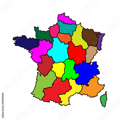 Vibrant vector map of France, clearly depicting its administrative regions with a distinct, multi-colored graphic representation, ideal for educational resources and geographical studies