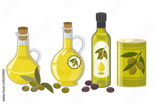Collection of olive oil bottles with olive branches and green olives, organic extra virgin продукт, Mediterranean cuisine ingredient, healthy diet concept, isolated on transparent background