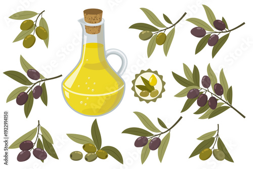 Olive oil bottle group with olive leaves and olives, premium extra virgin oil, culinary ingredient for Mediterranean dishes, wellness cooking concept, isolated on transparent background