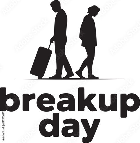 Two silhouettes walking away with luggage labeled breakup day apart desi