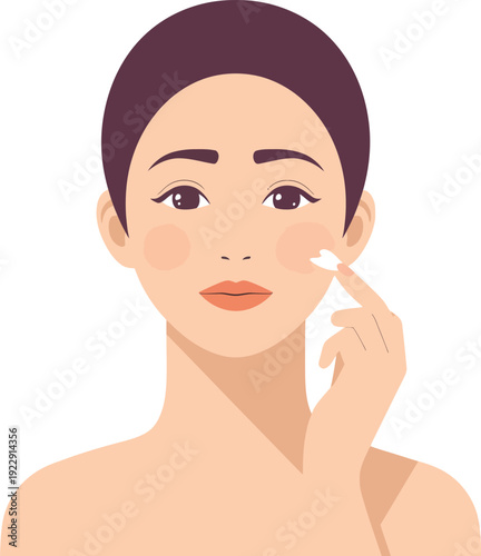 Beautiful woman delicately applying white moisturizing cream to her cheek area during a simple daily skincare routine for healthy complexion maintenance