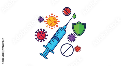 Vaccination concept syringe virus cells and shield against disease