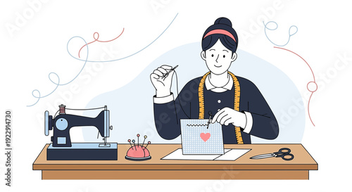 Woman Sewing Heart Design on Fabric with Sewing Machine and Supplies