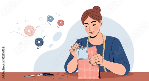 Woman Sewing Fabric Patchwork Crafting Hobby