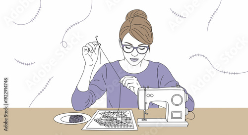 Woman Sewing with Machine, Crafting and Handmade Concept, Textile Art