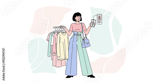 Woman Shopping Online with Smartphone and Clothes Rack, Digital Fashion
