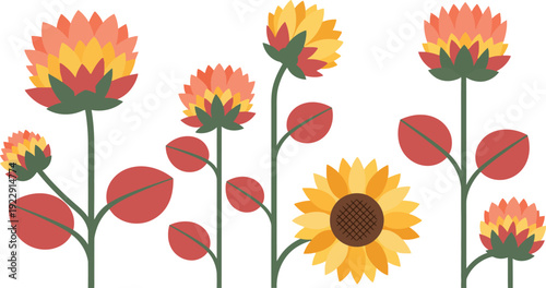 Vibrant colorful illustration of sunflowers and buds on green stems against white background