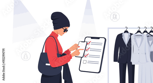 Woman Shopping Online, Choosing Clothes on Tablet, Fashion Store Wardrobe