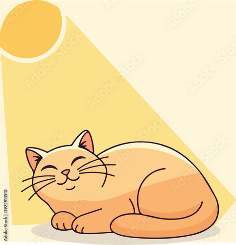 Happy orange cat basking in warm sunlight, feeling content.