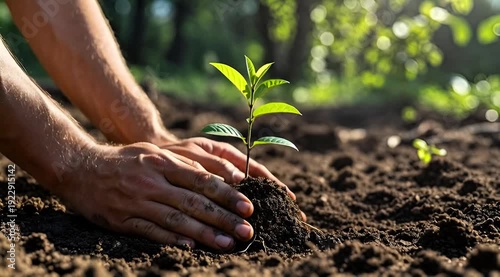Hands Planting a Small Green Tree Sapling in Fertile Soil