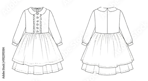 Vector Girl's Dress Technical Fashion Flat Sketch with Front and Back View isolated PNG with Transparent Background
