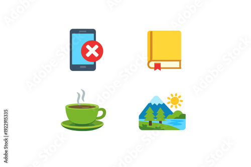 Four colorful icons representing digital detox and relaxation, including a smartphone with a cross, a yellow book, a steaming green cup of coffee, and a scenic nature landscape.