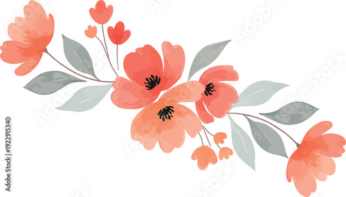 Watercolor illustration of a branch with vibrant coral flowers and green leaves on white background