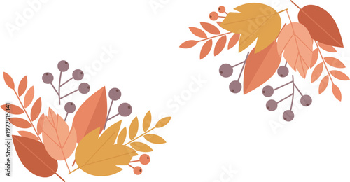 Two clusters of colorful autumn leaves and small berries on white background
