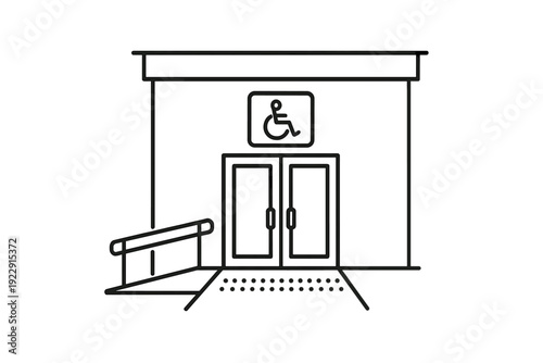 A black and white line drawing of a building entrance featuring a wheelchair ramp and a handicap symbol above double doors, representing architectural accessibility for disabled people.