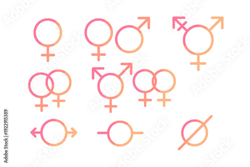 A collection of various gender and sexual orientation symbols featuring a pink and orange gradient on a solid black background. The icons represent diverse identities and orientations.