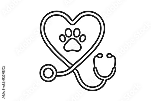 A minimalist black line art icon featuring a stethoscope forming a heart shape with a paw print in the center, representing veterinary medicine and pet healthcare services.