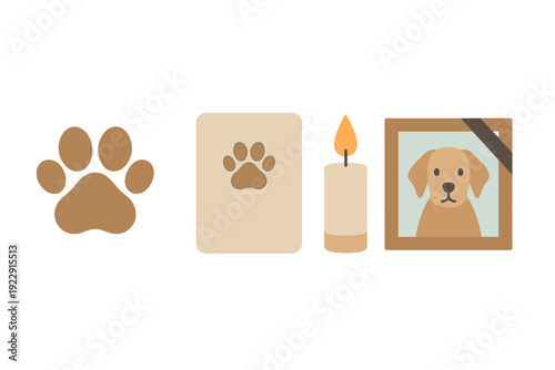 A set of four flat vector icons representing pet memorial and loss, featuring a brown paw print, a sympathy card, a lit candle, and a framed dog portrait with a mourning ribbon.
