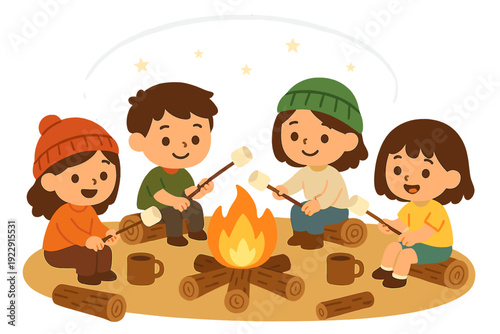 Four happy children sit around a glowing campfire at night, roasting marshmallows on sticks while sitting on logs under a starry sky in this cute cartoon illustration.