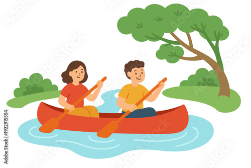 A cartoon illustration of a young boy and girl paddling a red canoe down a blue river. They are surrounded by green trees and bushes in a peaceful outdoor setting.