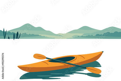 A vibrant orange kayak with a paddle rests on a dark lake. The background features stylized mountains and trees under a black sky, with green reeds on the left side of the water.