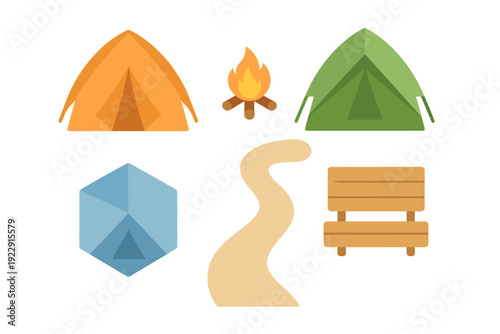 This set of flat vector icons illustrates various outdoor camping elements, including colorful tents, a burning campfire, a winding path, and a wooden bench against a dark background.
