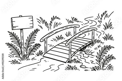A black and white line drawing of a small wooden bridge crossing a path or stream, surrounded by tall grass and ferns with a blank wooden signpost standing nearby in a natural setting.