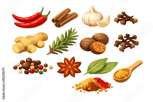 A collection of various culinary spices and herbs including chili peppers, garlic, ginger, cinnamon, and star anise, illustrated in a clean style against a solid black background.