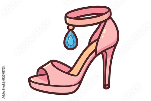 A pink high-heeled sandal illustration featuring a platform sole, an ankle strap, and a blue teardrop-shaped gemstone charm. The shoe is shown from a side profile against a black background.