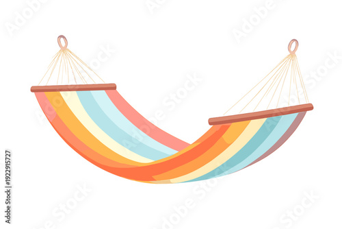 This illustration features a vibrant striped hammock with wooden spreader bars and rope loops. The fabric displays a colorful pattern of pink, orange, yellow, and light blue stripes.