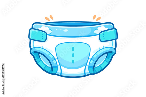 A cartoon illustration of a blue and white baby diaper featuring cloud patterns and adjustable tabs. The diaper is shown against a solid black background with orange droplets above.