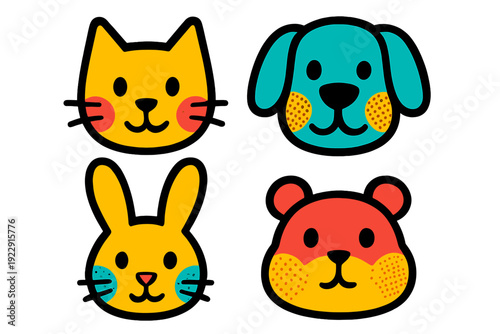 A collection of four colorful, stylized animal faces including a cat, dog, rabbit, and bear. Each character features a minimalist design with thick outlines and textured cheek details.