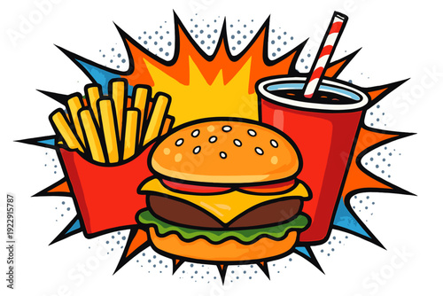 A pop art illustration of a fast food meal featuring a cheeseburger, french fries in a red box, and a soda with a striped straw against a vibrant comic book starburst background.